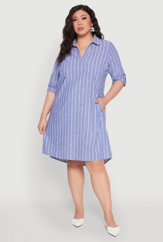 Plus Size Johnny Collar Striped Shirt Dress sold by Rainbow