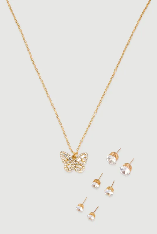 Cubic Zirconia Butterfly Charm Necklace and Stud Earrings sold by Rainbow