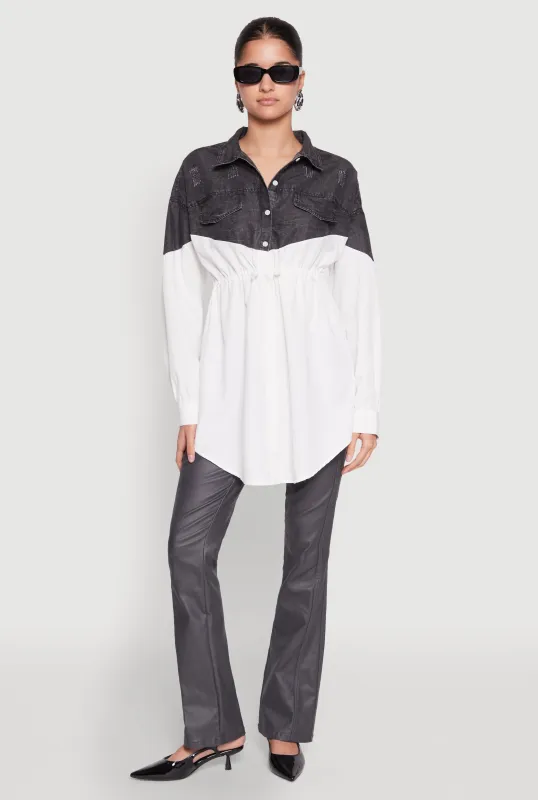 Denim Detail Distressed Tunic Shirt sold by Rainbow