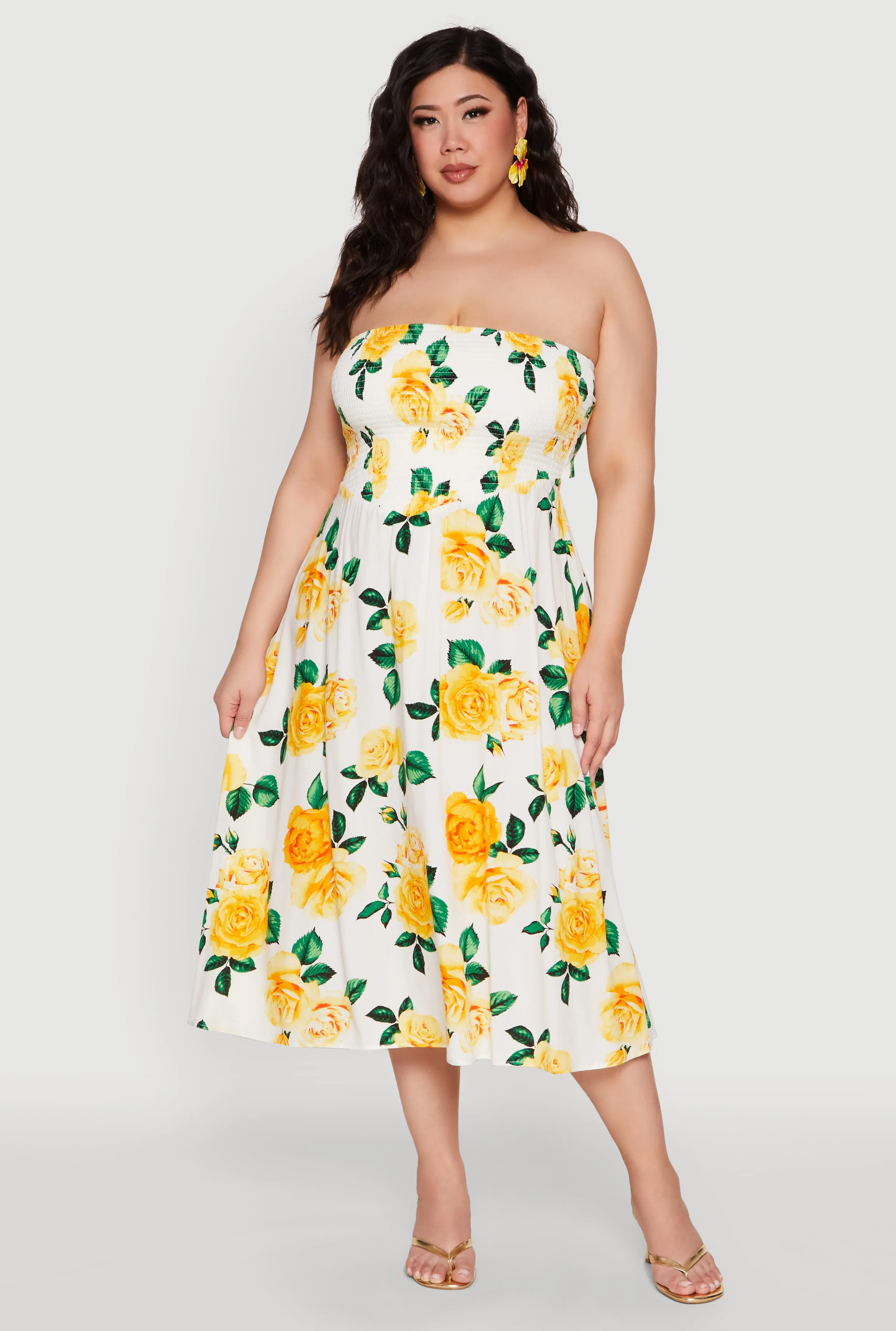 Plus Size Almost Famous Floral Print Smocked Midi Dress sold by Rainbow