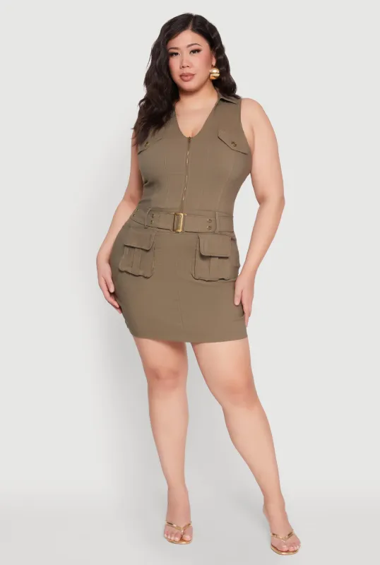 Plus Size Collared Cargo Pocket Dress sold by Rainbow