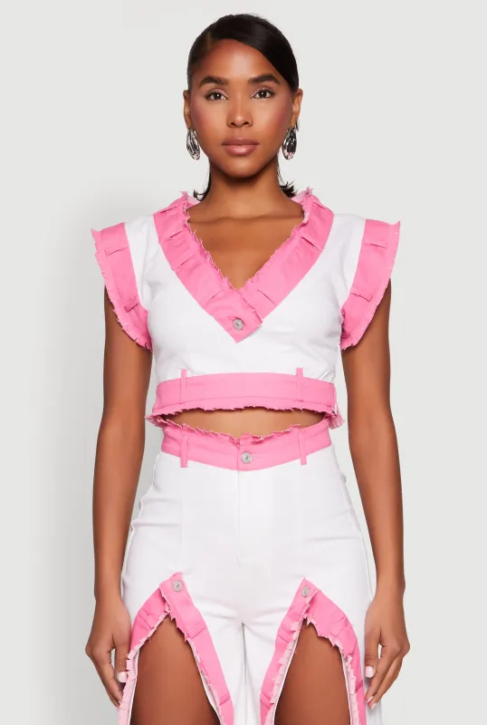 Contrast Trim Denim Crop Top sold by Rainbow