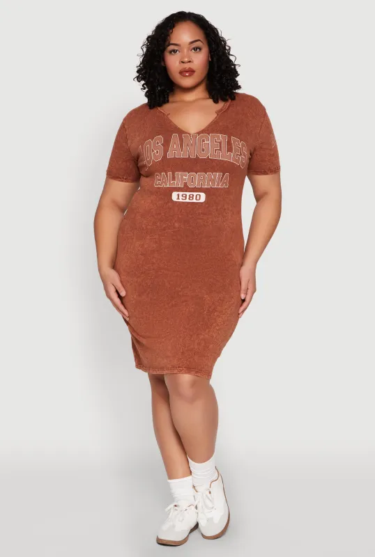 Plus Size Mineral Wash Los Angeles Graphic Print Dress sold by Rainbow