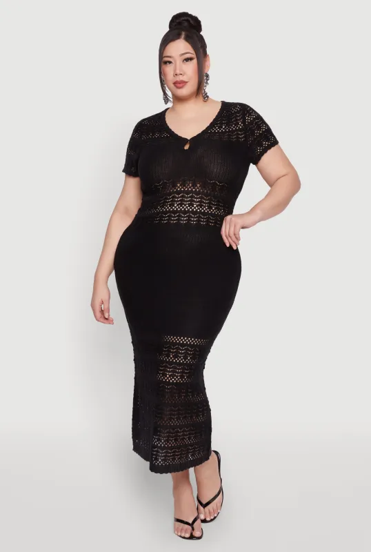 Plus Size Almost Famous Short Sleeve Pointelle Maxi Dress sold by Rainbow