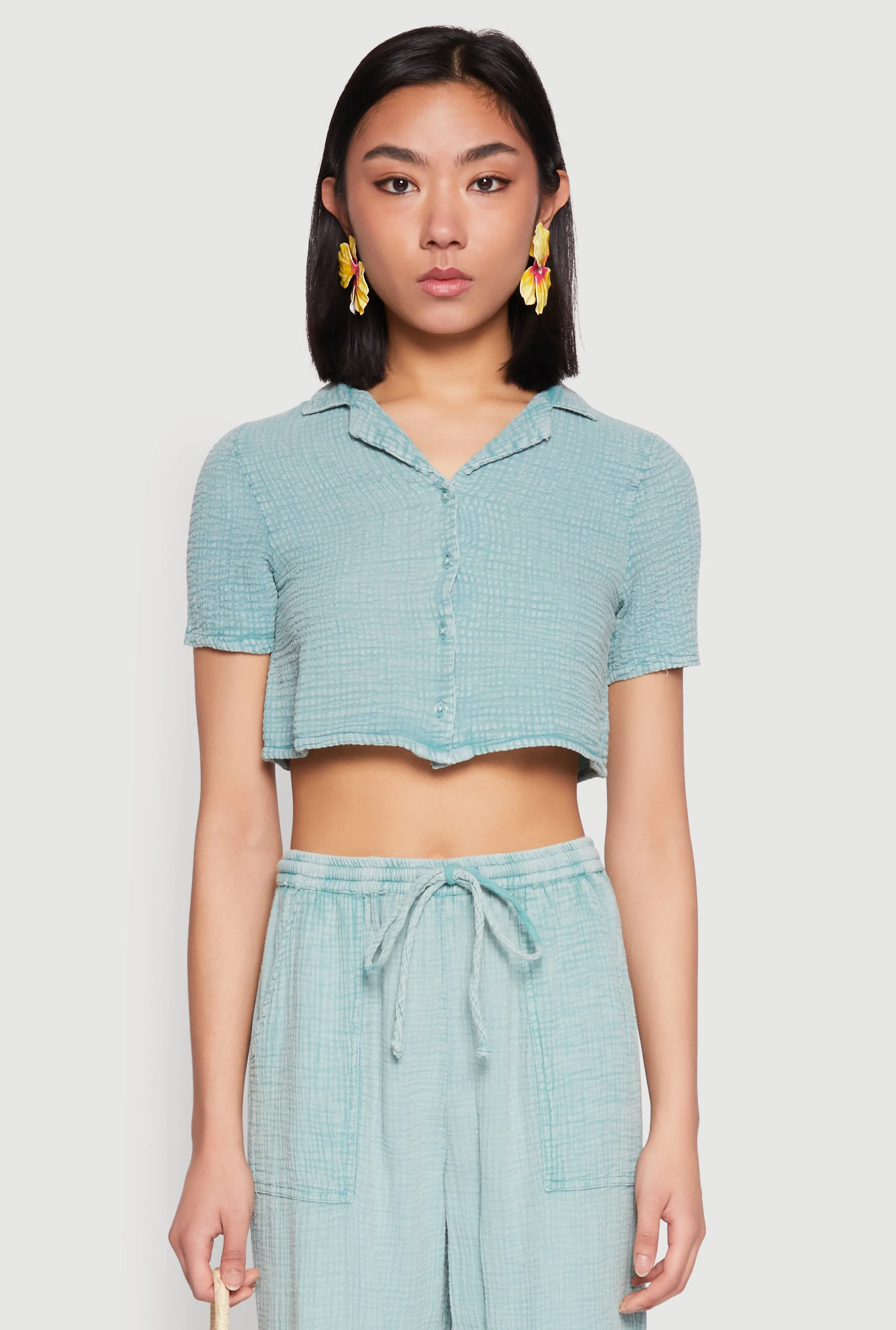 Spoon Jeans Gauze Knit Cropped Shirt sold by Rainbow