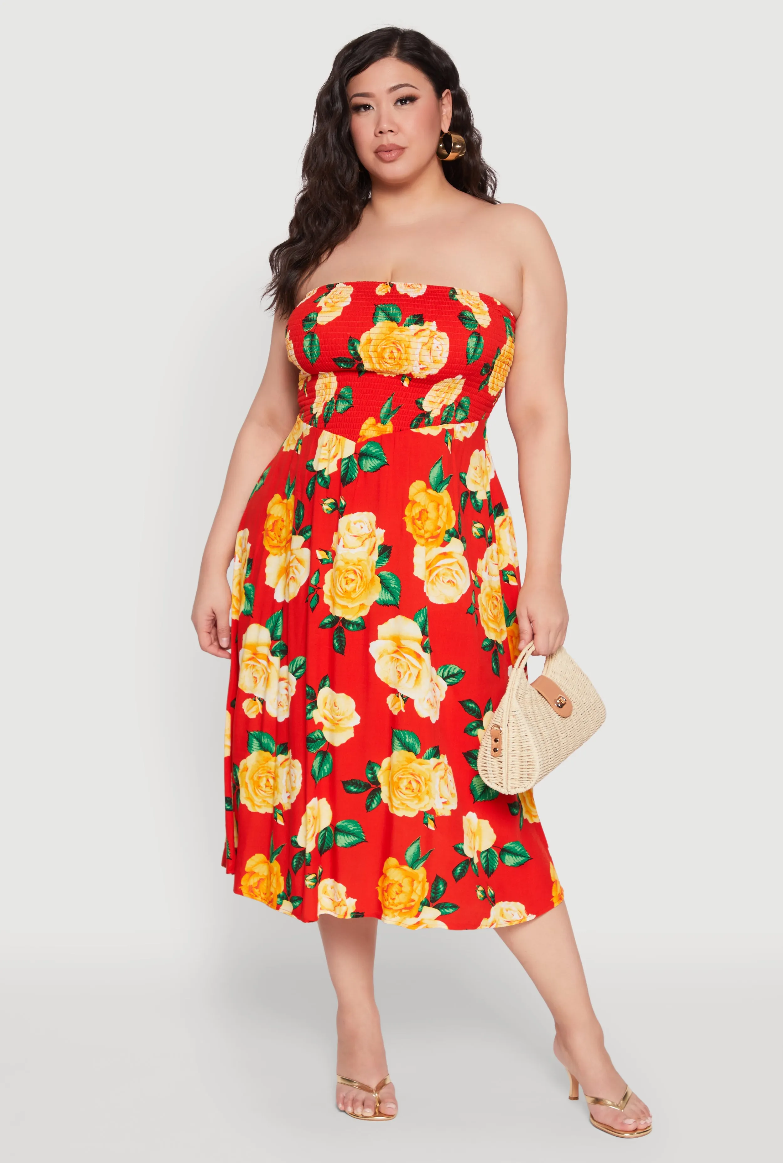 Plus Size Almost Famous Floral Print Smocked Midi Dress sold by Rainbow