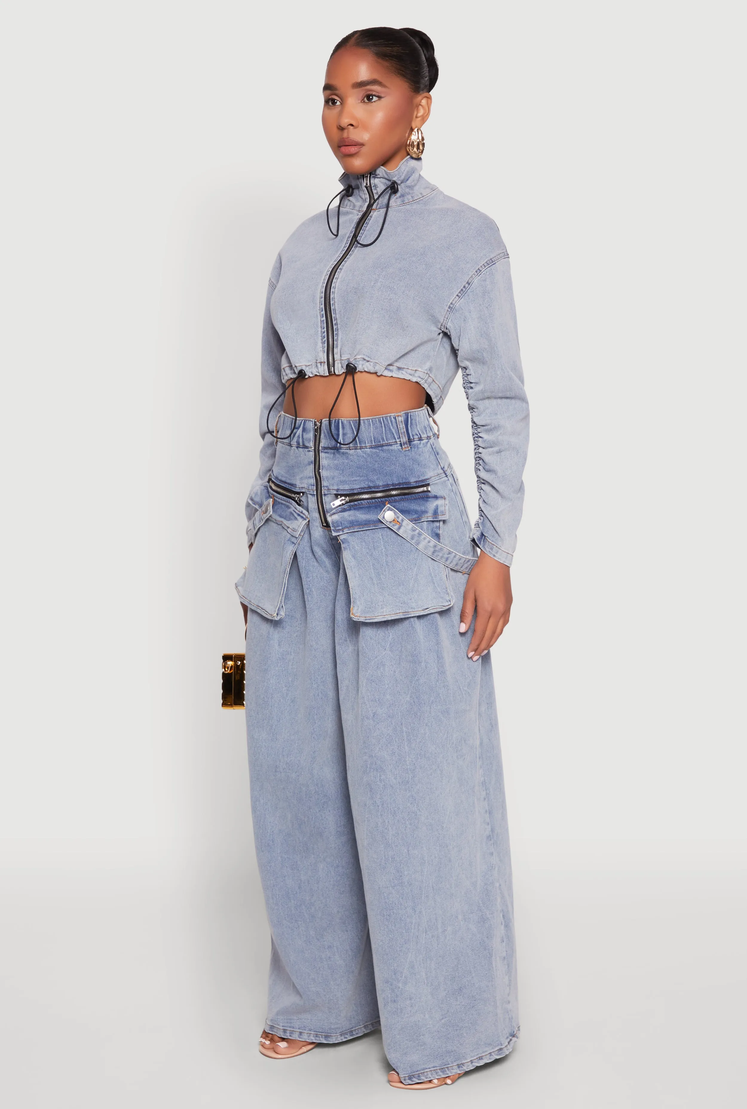 Spoon Jeans Ruched Zip Front Cropped Denim Jacket sold by Rainbow product image thumbnail 5