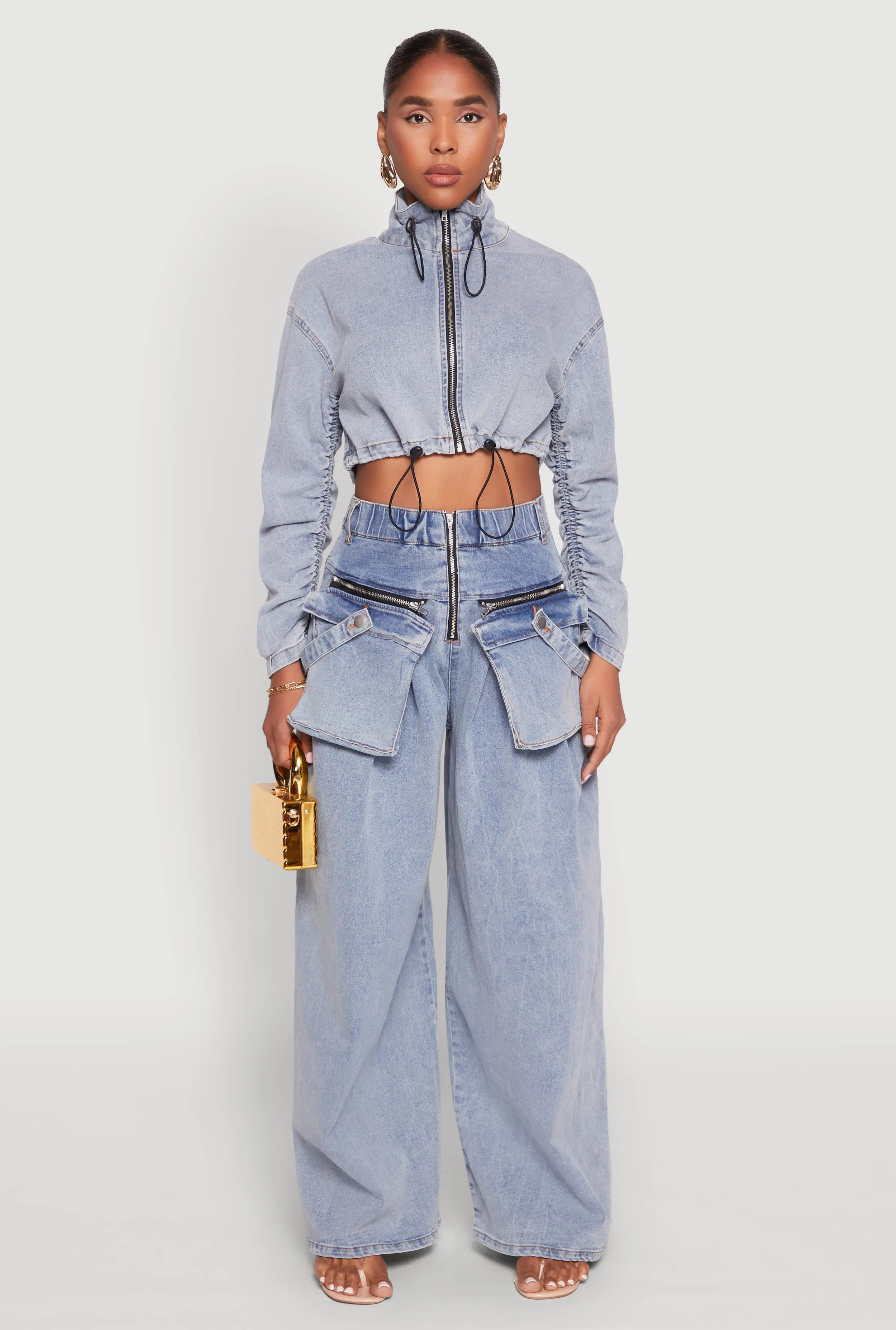 Spoon Jeans Ruched Zip Front Cropped Denim Jacket sold by Rainbow product image thumbnail 3