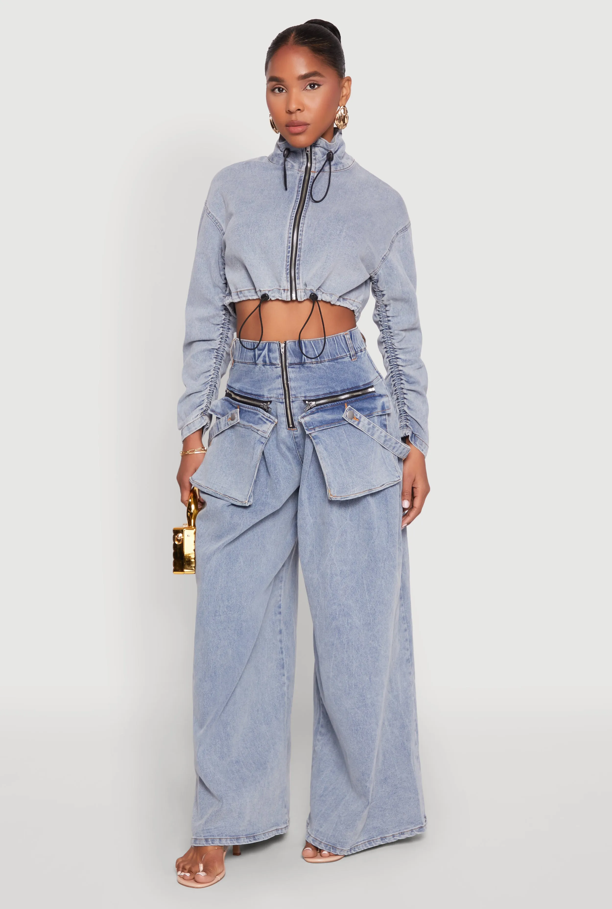 Spoon Jeans Ruched Zip Front Cropped Denim Jacket sold by Rainbow product image thumbnail 2