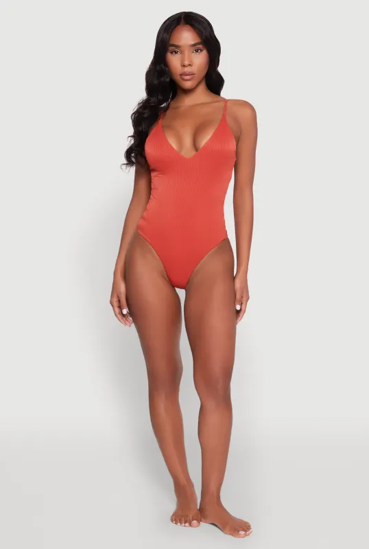 Ribbed Knit Caged Side One Piece Swimsuit sold by Rainbow