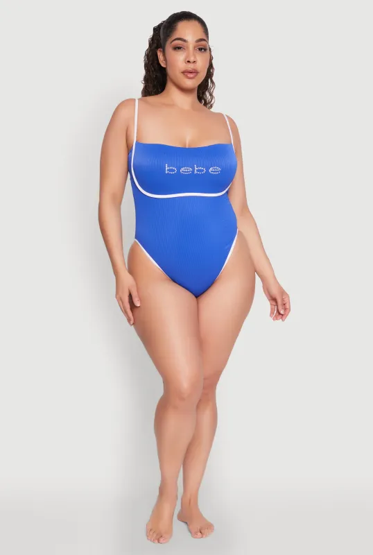 Plus Size Bebe Rhinestone Tie Back One Piece Swimsuit sold by Rainbow