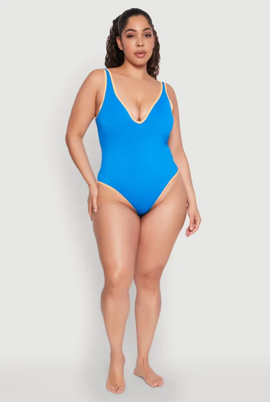 Plus Size Contrast Trim High Cut One Piece Swimsuit sold by Rainbow