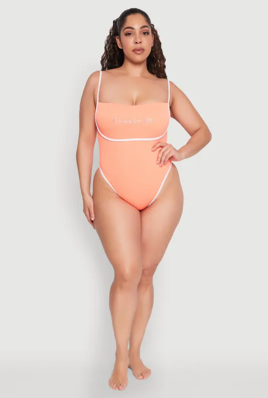 Plus Size Bebe Rhinestone Tie Back One Piece Swimsuit sold by Rainbow