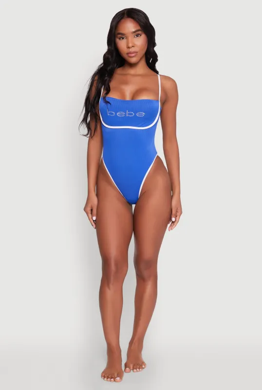 Bebe Rhinestone Tie Back One Piece Swimsuit sold by Rainbow