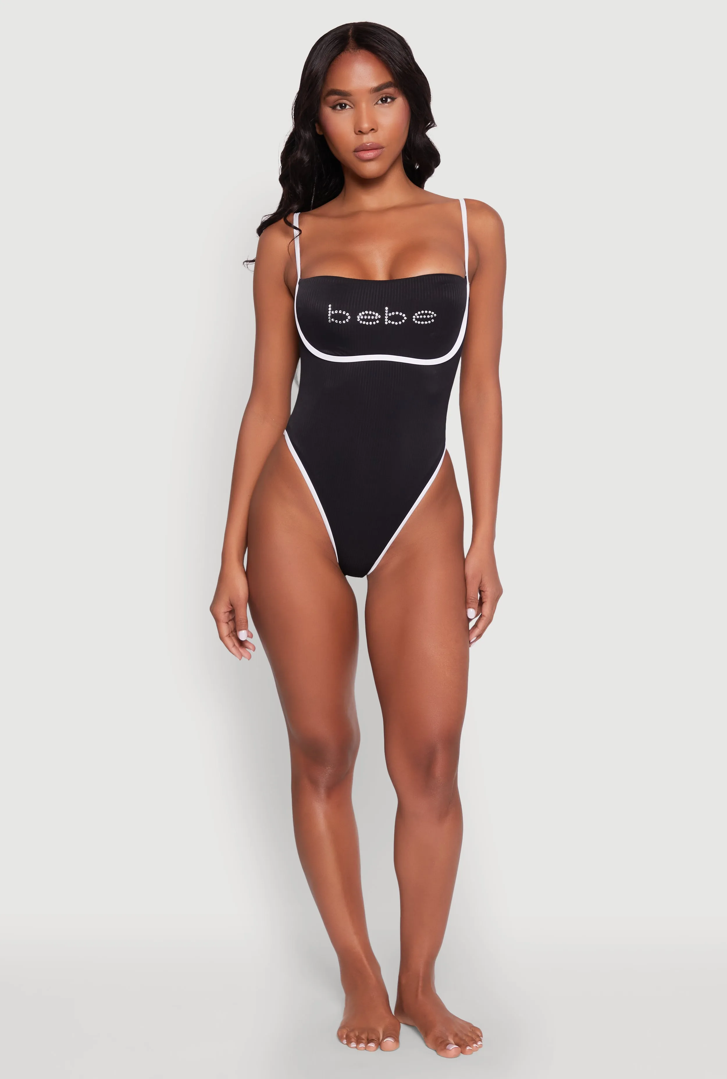 Bebe Rhinestone Tie Back One Piece Swimsuit sold by Rainbow