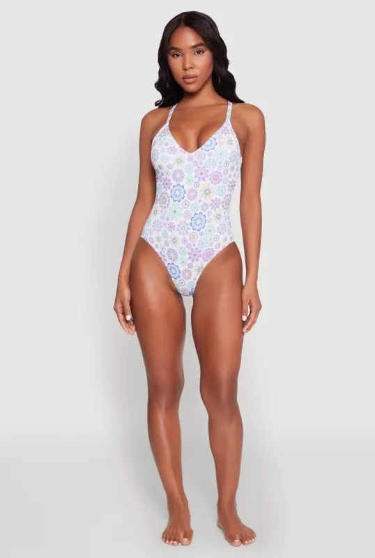 V Neck Flower Print One Piece Swimsuit sold by Rainbow