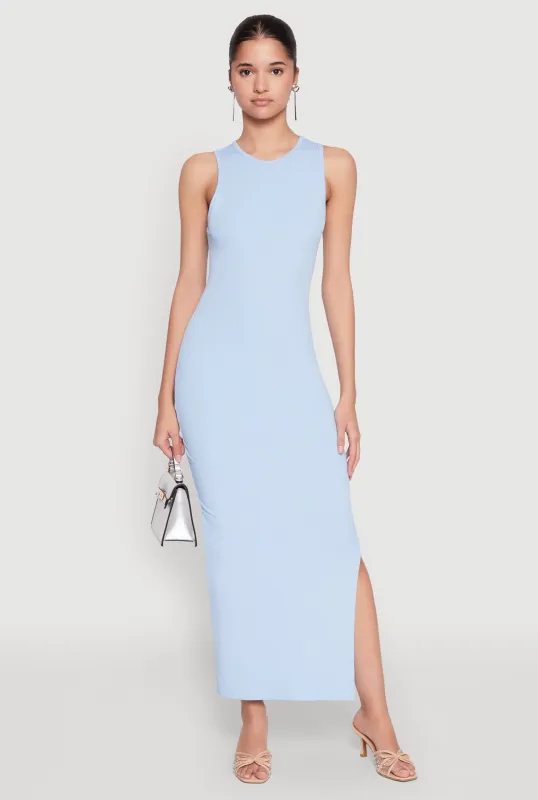 Crew Neck Rib Knit Side Slit Maxi Dress sold by Rainbow