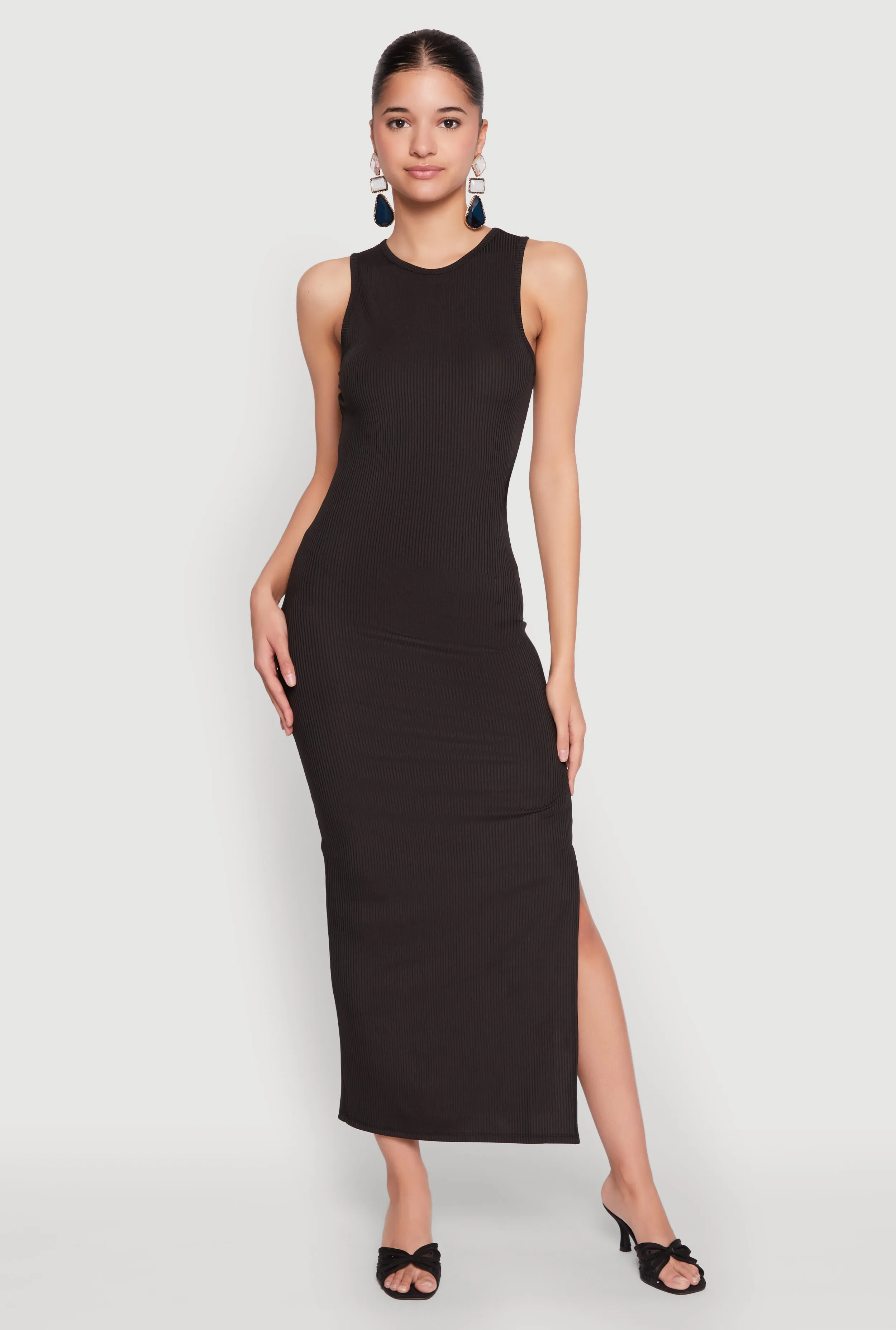 Crew Neck Rib Knit Side Slit Maxi Dress sold by Rainbow