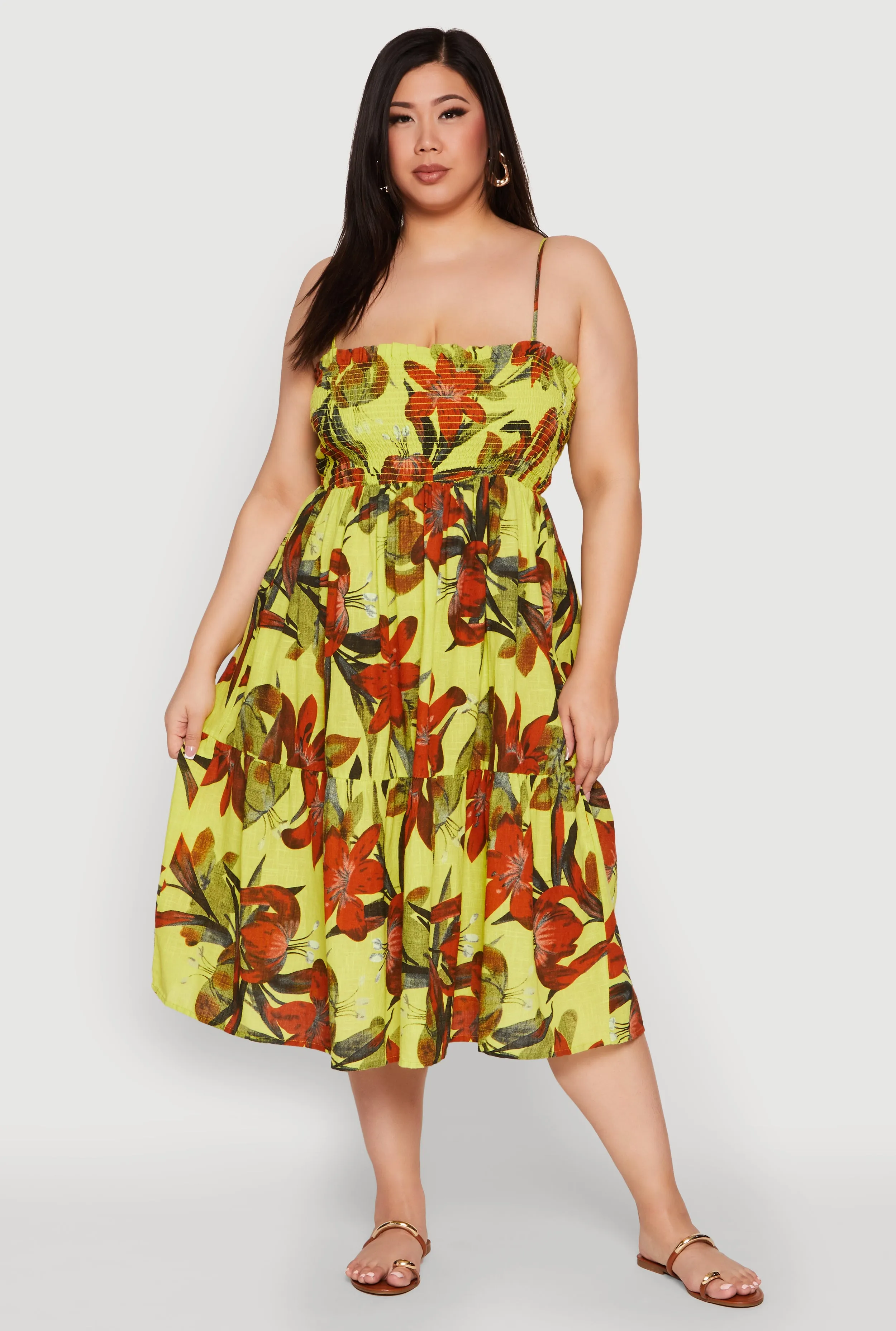 Plus Size Floral Print Smocked Tiered Midi Dress sold by Rainbow