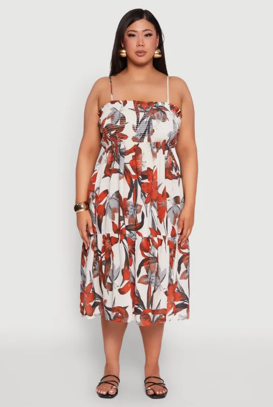 Plus Size Floral Print Smocked Tiered Midi Dress sold by Rainbow