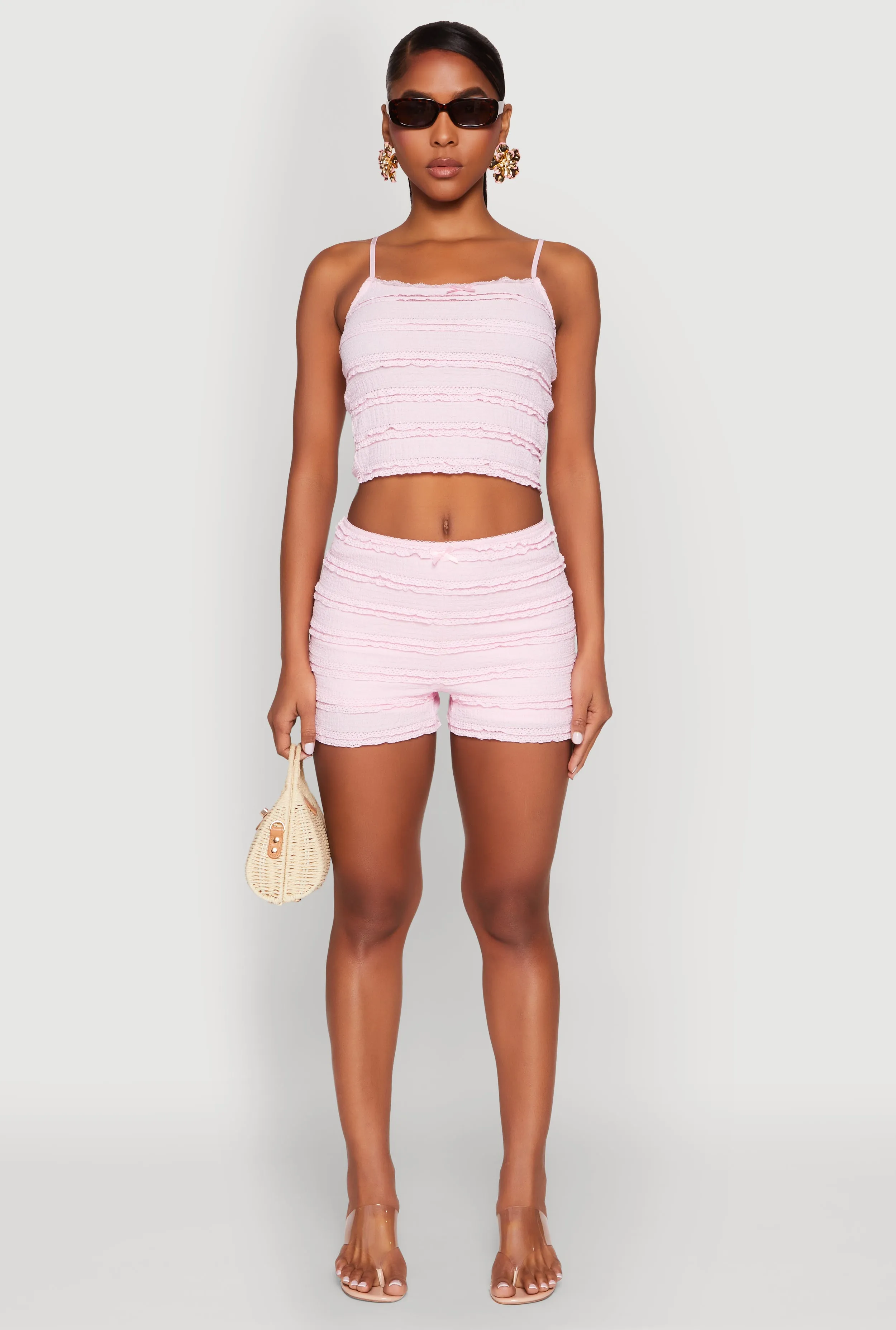 Textured Knit Lace Detail Tiered Shorts sold by Rainbow