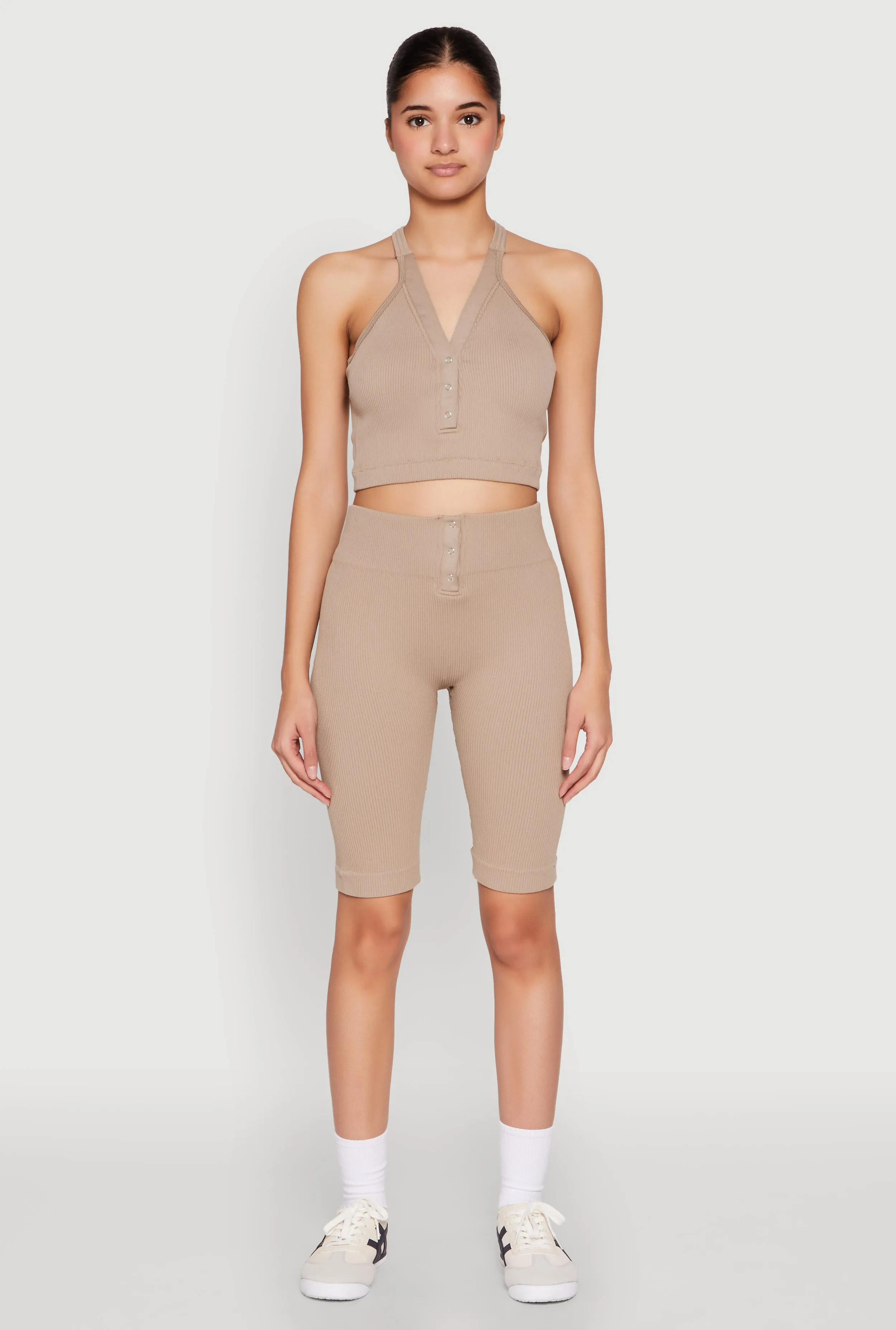 Seamless Ribbed Button Detail Biker Shorts sold by Rainbow product image thumbnail 2