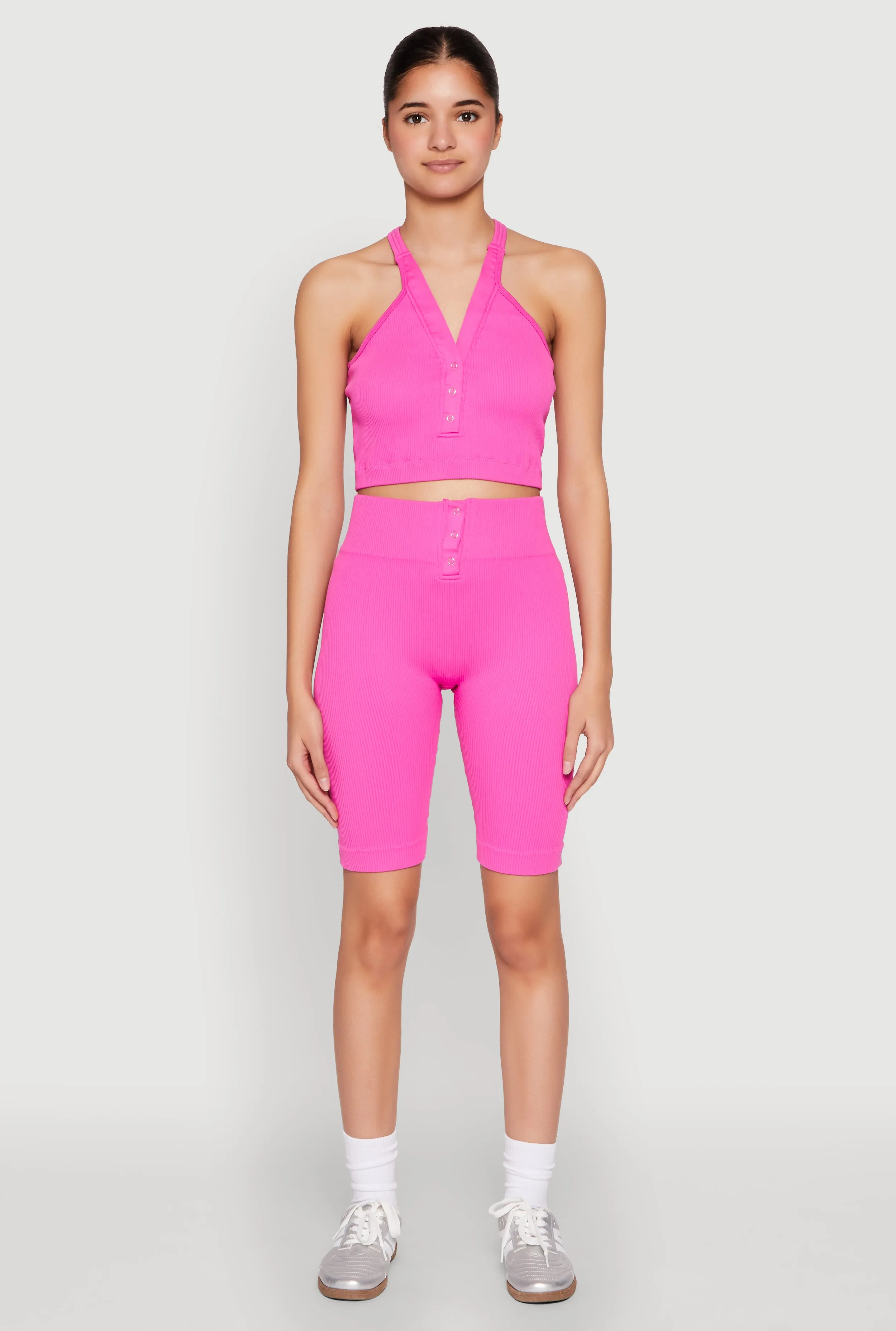 Seamless Ribbed Button Detail Biker Shorts sold by Rainbow product image thumbnail 2