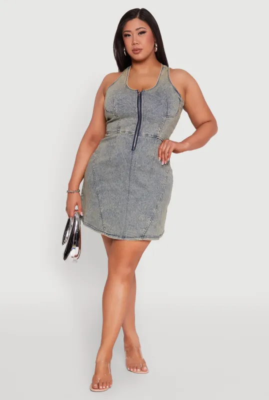 Plus Size Zip Front Mineral Wash Denim Dress sold by Rainbow