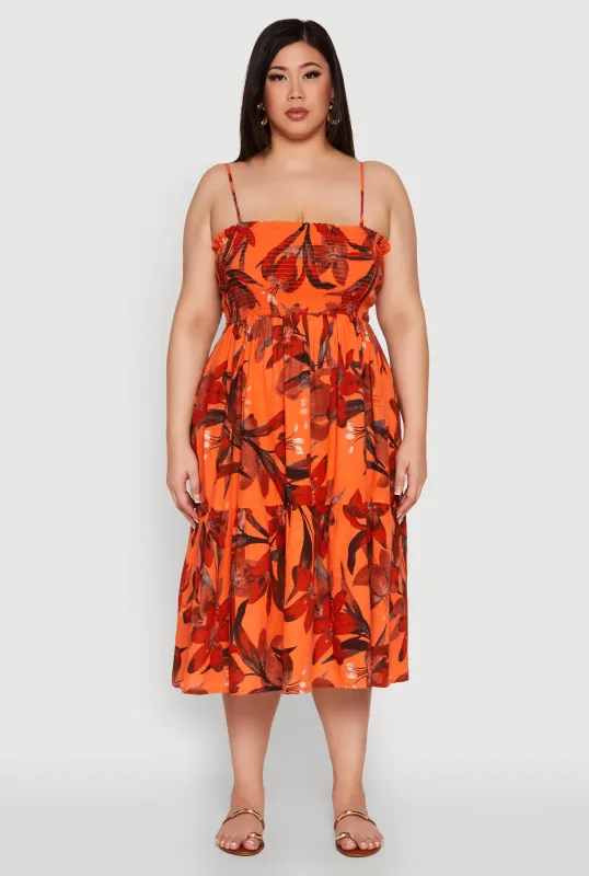 Plus Size Floral Print Smocked Tiered Midi Dress sold by Rainbow