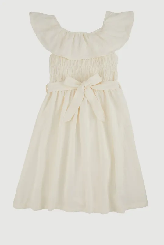 Girls Airy Ruffle Overlay Tie Waist Skater Dress sold by Rainbow