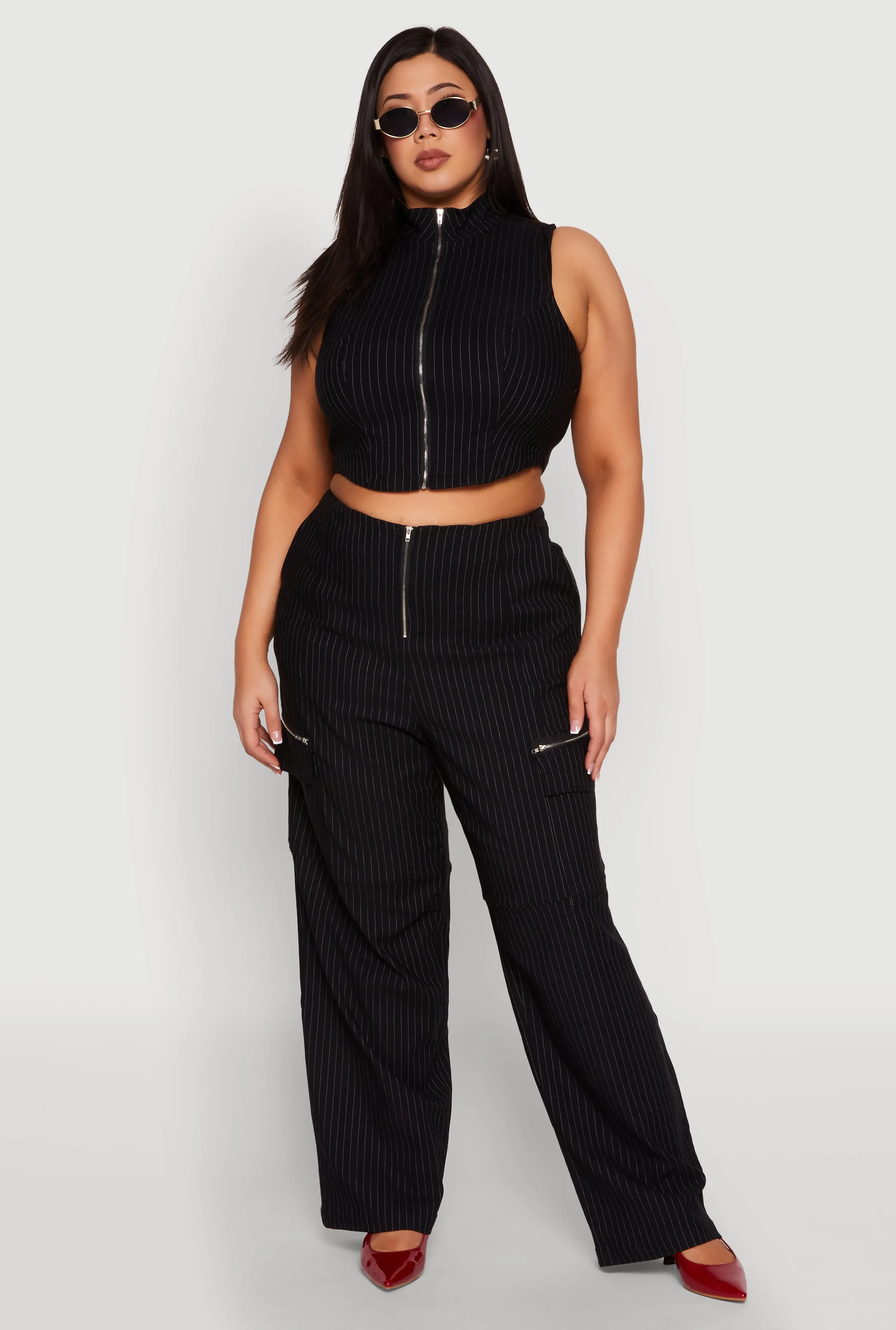 Plus Size Pinstripe Zip Front Crop Top sold by Rainbow product image thumbnail 2