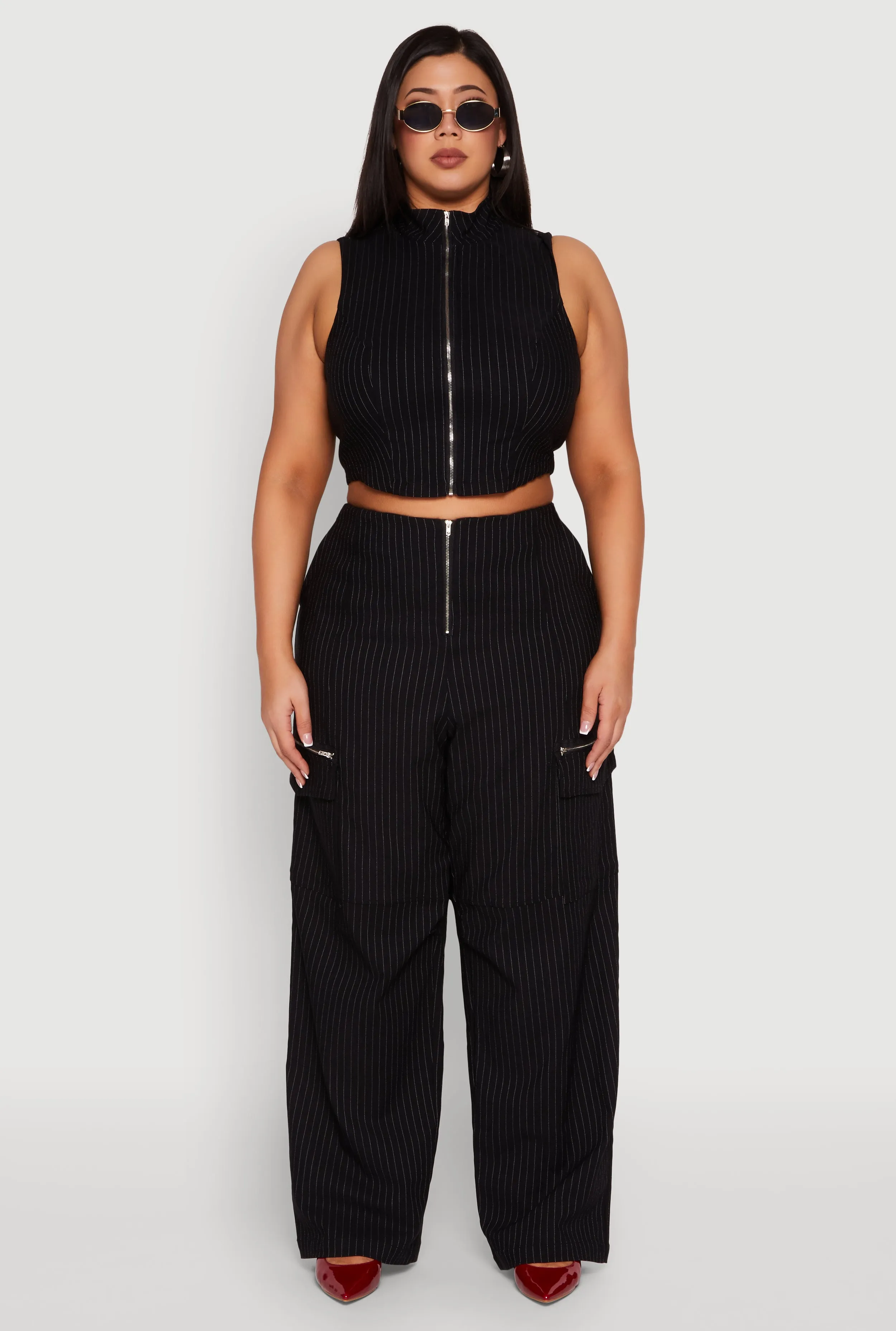 Plus Size Pinstripe Zip Front Crop Top sold by Rainbow product image thumbnail 3