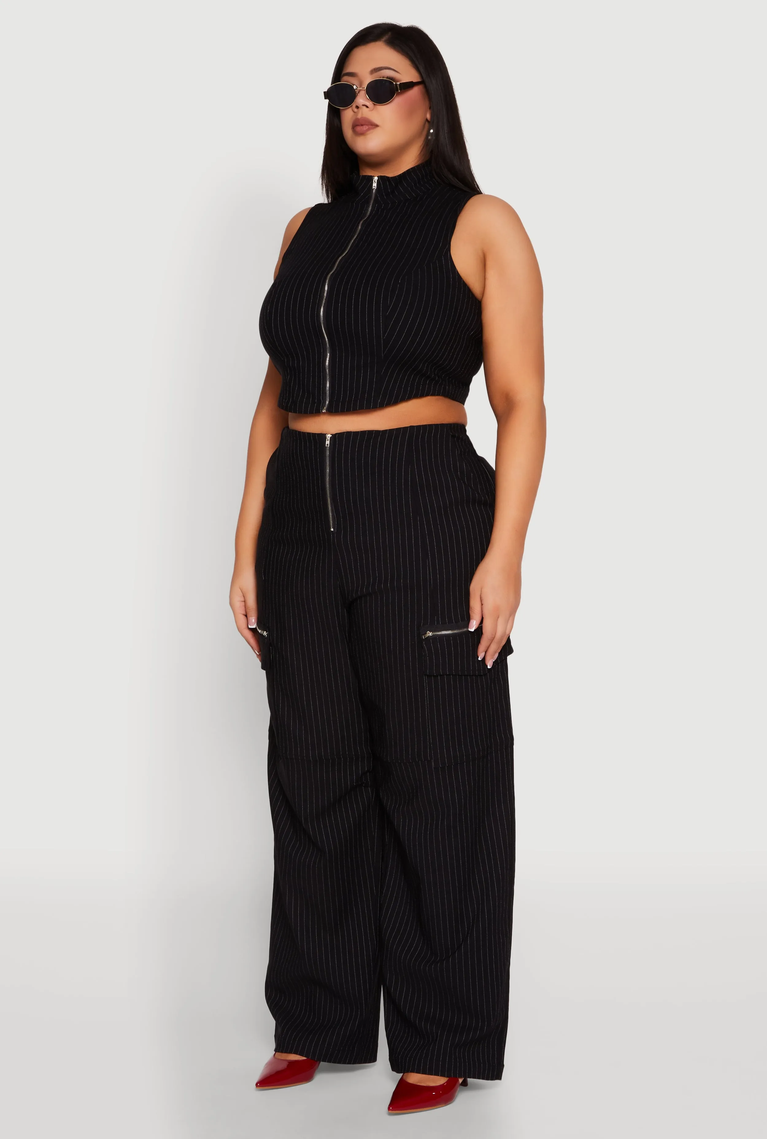 Plus Size Pinstripe Zip Front Crop Top sold by Rainbow product image thumbnail 5