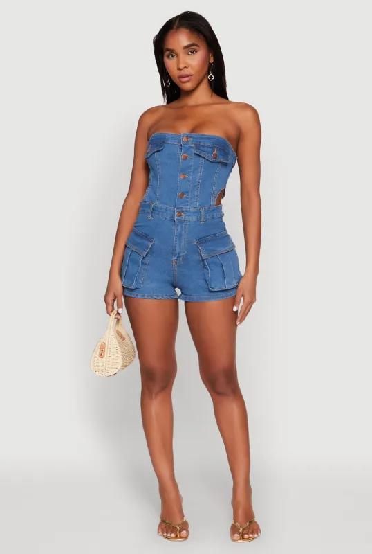 Daisy Cut Out Side Denim Strapless Romper sold by Rainbow