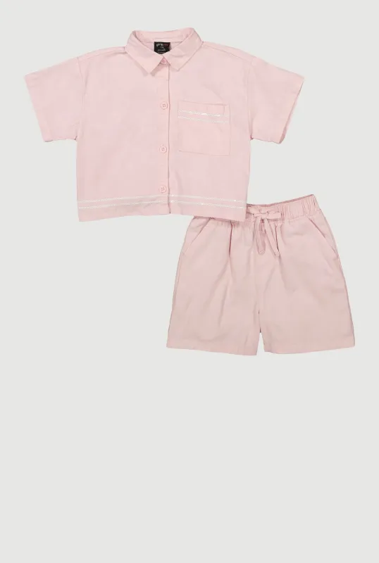Girls Sequin Trim Button Front Shirt and Shorts sold by Rainbow