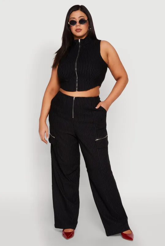 Plus Size Pinstripe Zip Cargo Dress Pants sold by Rainbow