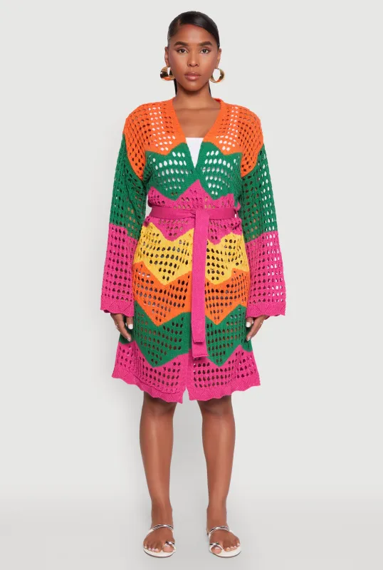 Crochet Chevron Tie Waist Cardigan made by Rainbow