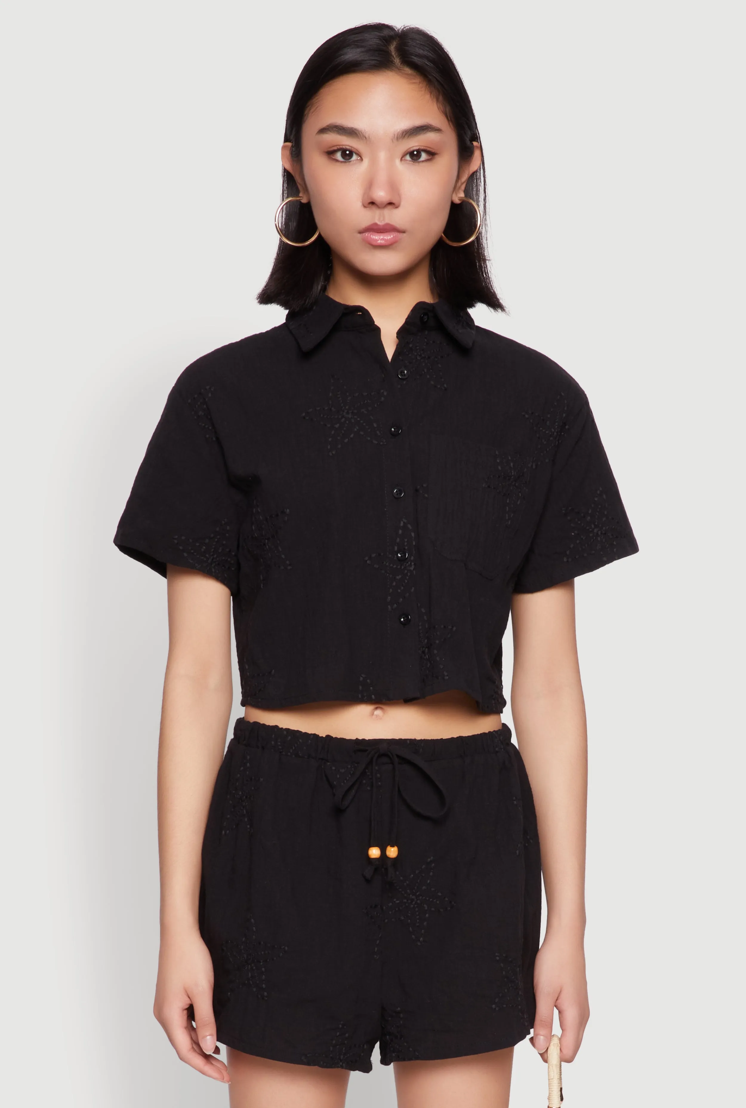 Haute Monde Decorative Stitch Cropped Shirt sold by Rainbow