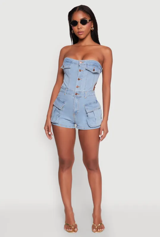 Daisy Cut Out Side Denim Strapless Romper sold by Rainbow