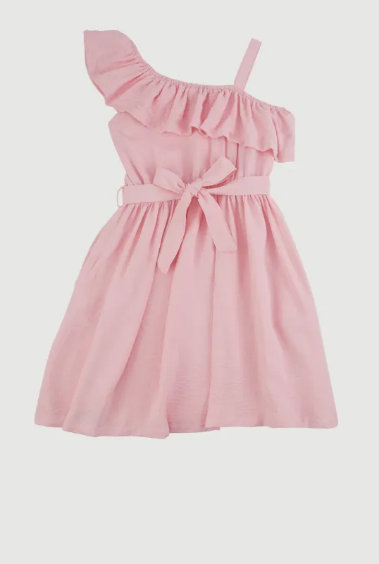 Girls Airy One Shoulder Ruffle Overlay Skater Dress sold by Rainbow