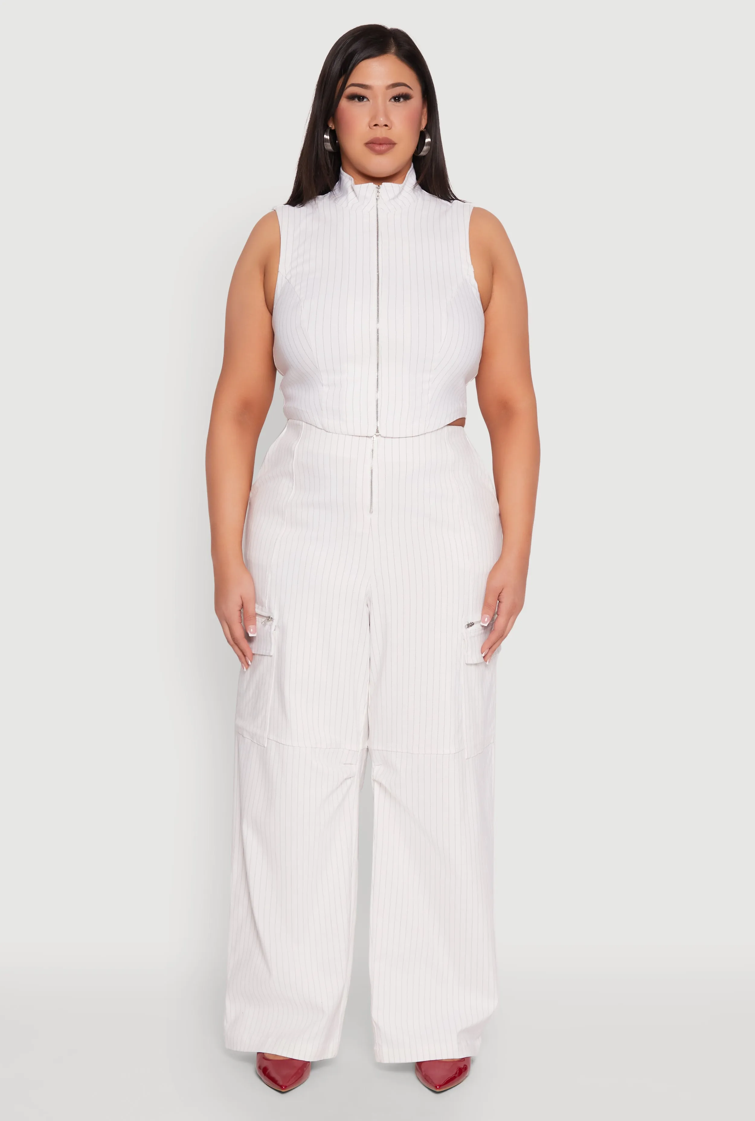 Plus Size Pinstripe Zip Cargo Dress Pants sold by Rainbow