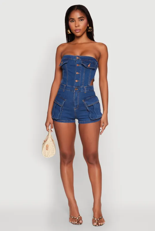 Daisy Cut Out Side Denim Strapless Romper sold by Rainbow