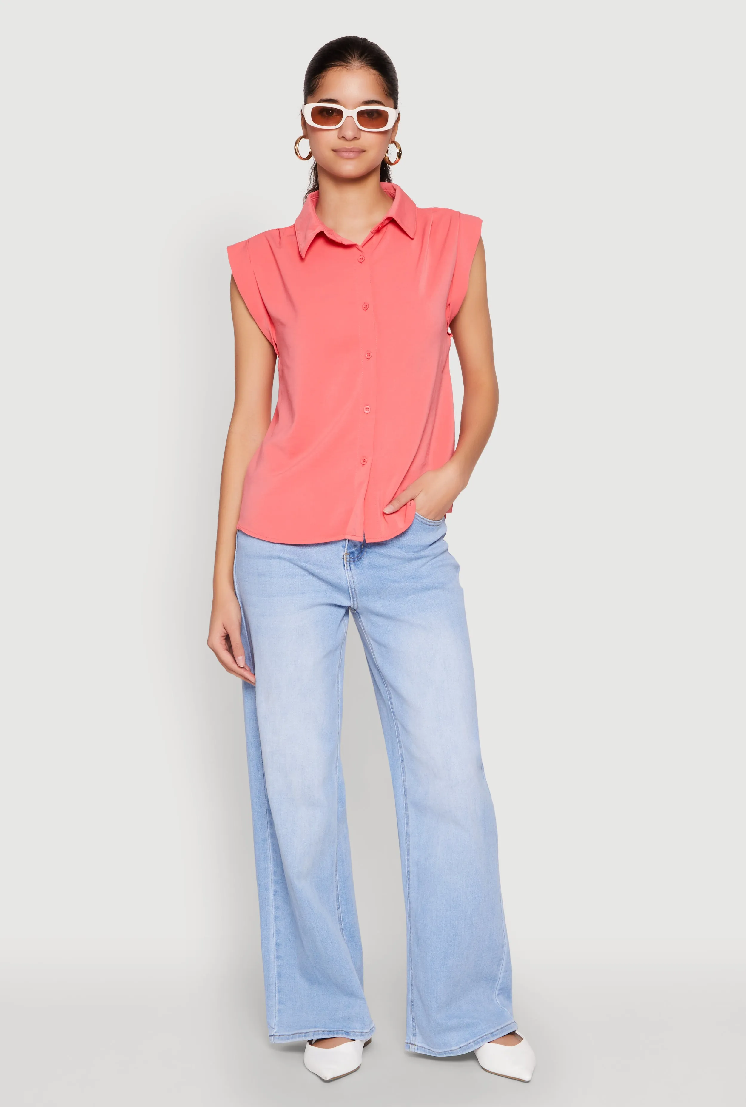 Cap Sleeve Button Front Shirt sold by Rainbow