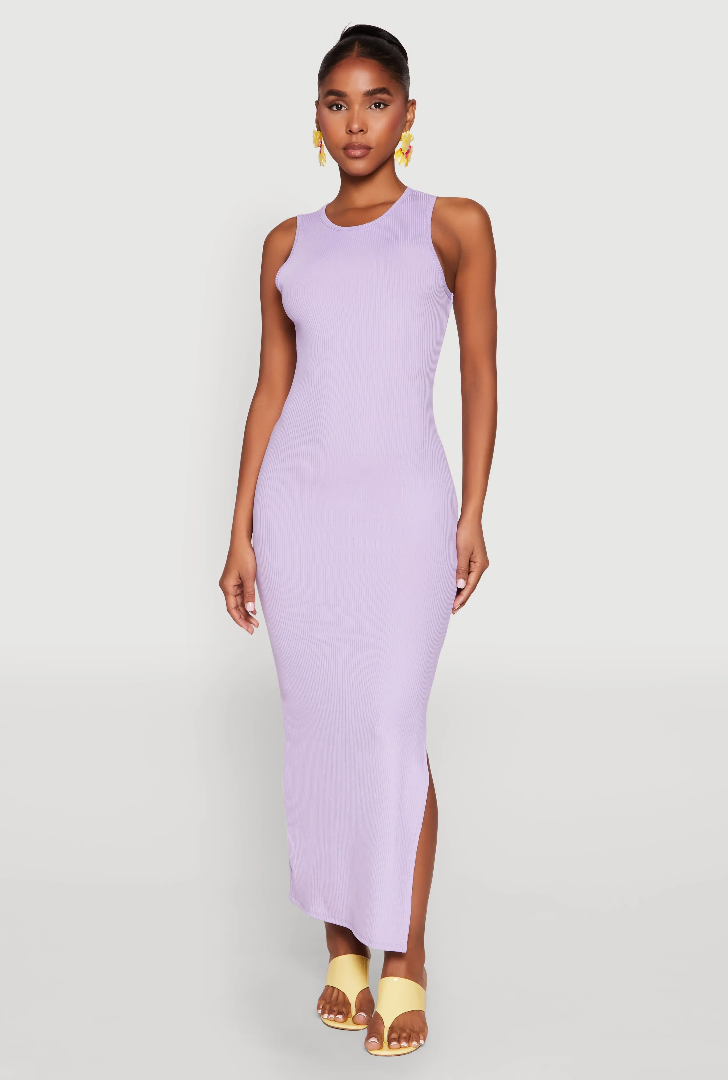 Crew Neck Rib Knit Side Slit Maxi Dress sold by Rainbow
