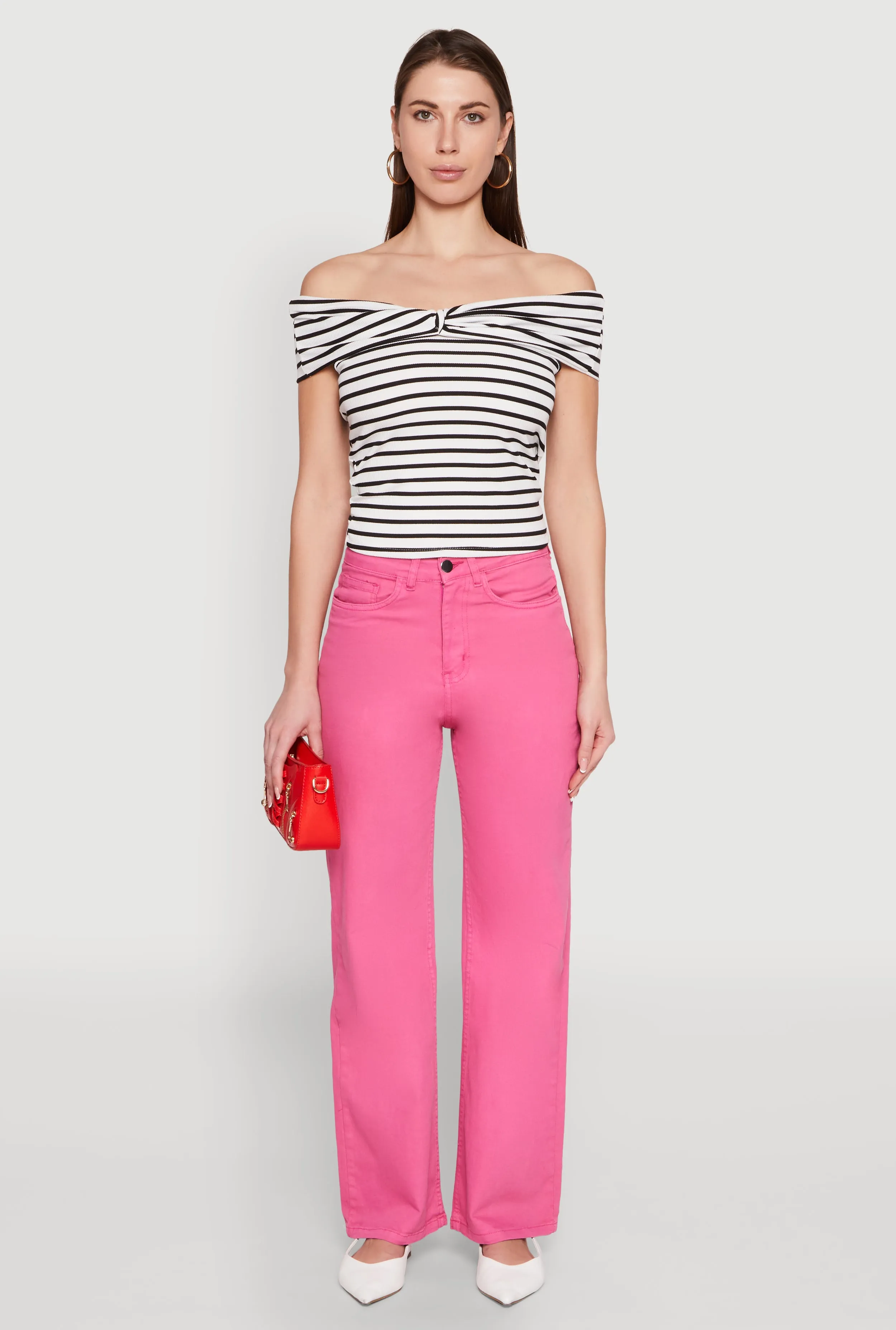 Striped Off the Shoulder Twist Front Top sold by Rainbow