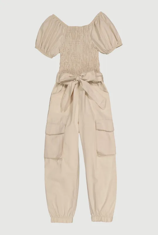 Girls Puff Sleeve Smocked Cargo Jumpsuit sold by Rainbow