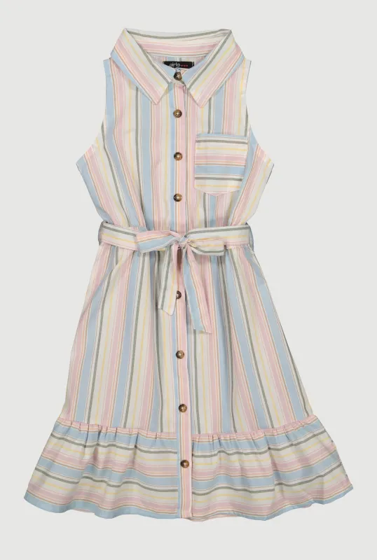Girls Striped Sleeveless Flounce Hem Shirt Dress sold by Rainbow