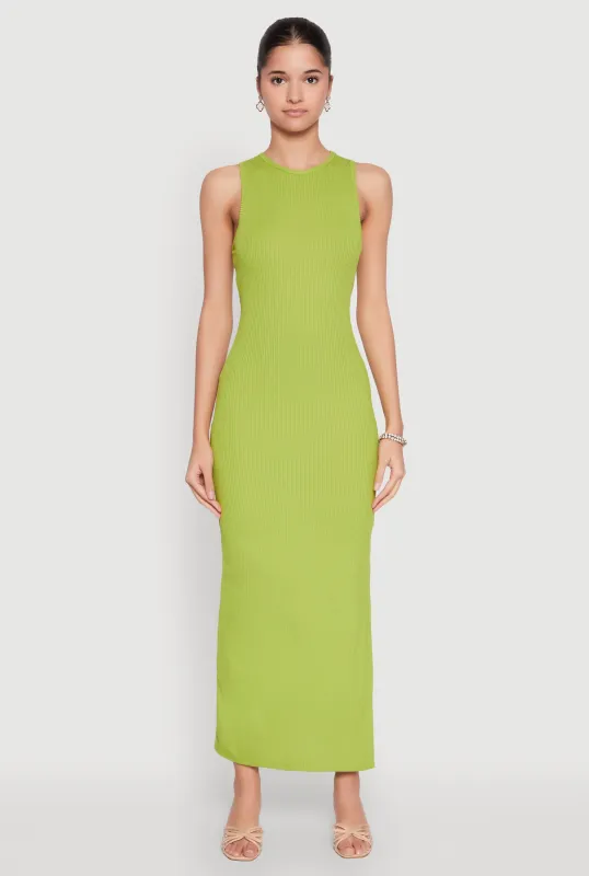 Crew Neck Rib Knit Side Slit Maxi Dress sold by Rainbow