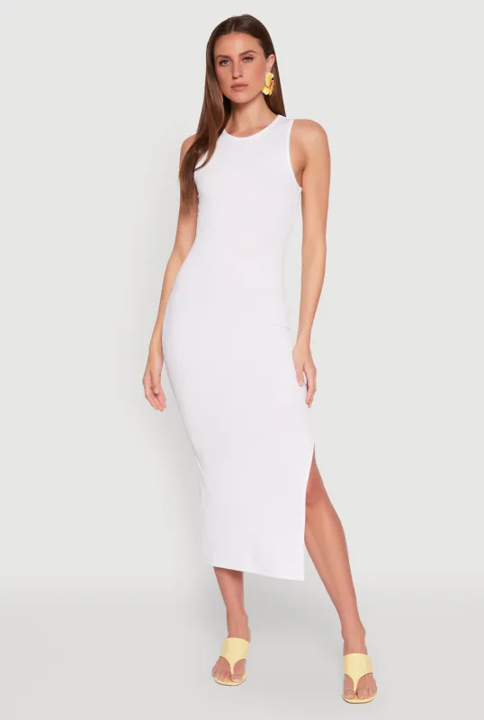 Crew Neck Rib Knit Side Slit Maxi Dress sold by Rainbow