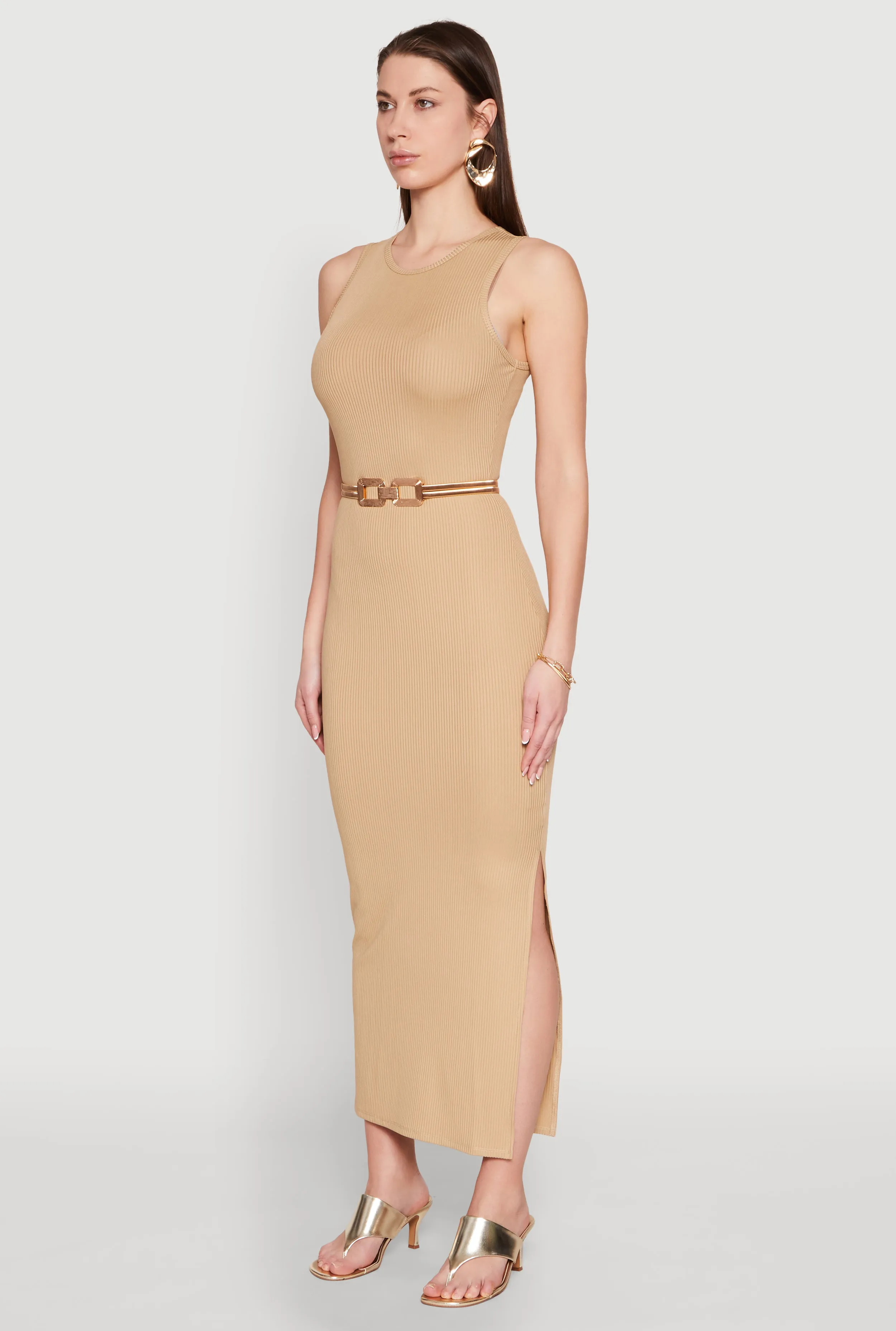 Crew Neck Rib Knit Side Slit Maxi Dress sold by Rainbow product image thumbnail 3